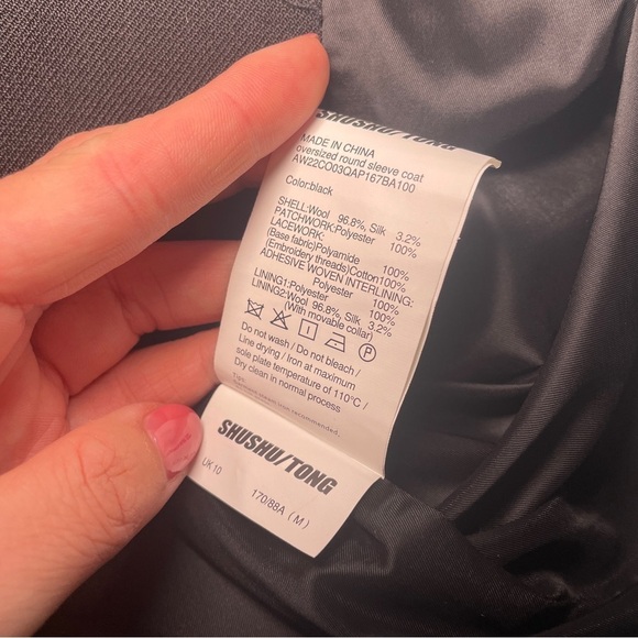 NEW! Shushu/Tong- Black Round Sleeve Coat White Collar UK 10 US 6 Oversized - Picture 15 of 15